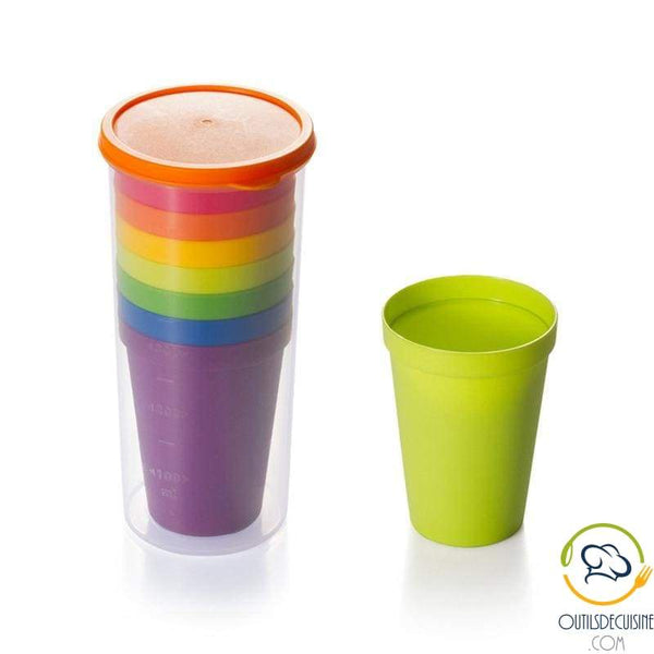 Lot Of 7 Reusable Plastic Rainbow Tumblers With Storage Carafe